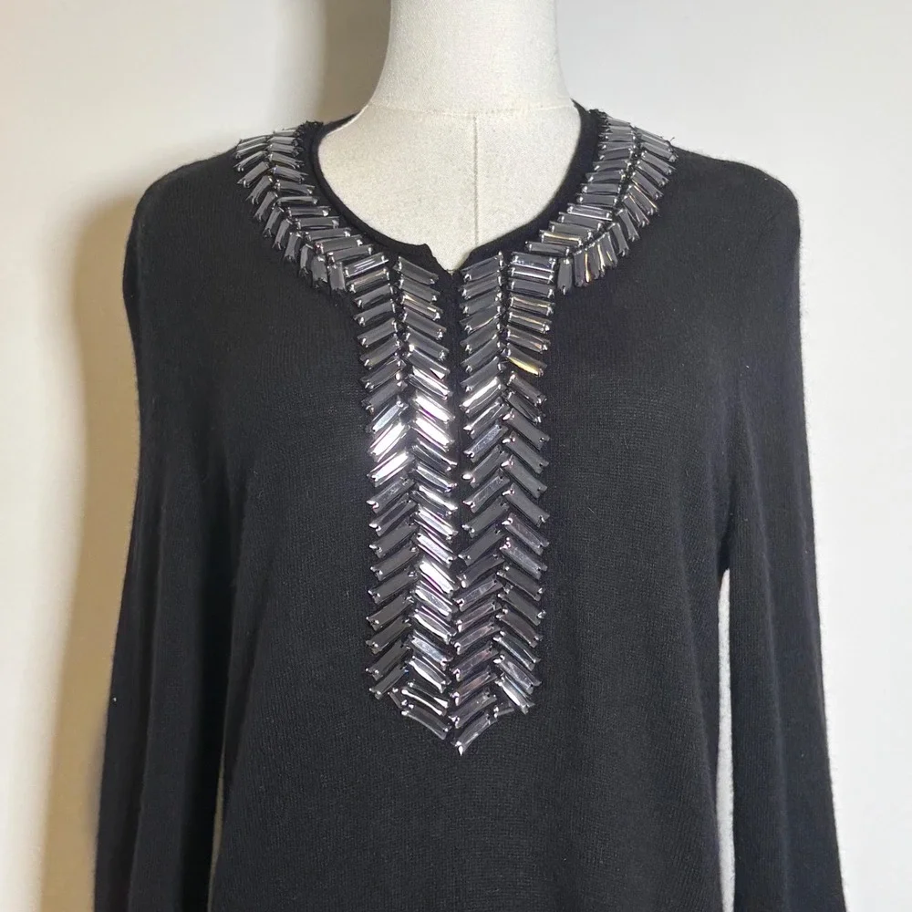 Tory Burch Black Wool Beaded Tunic Sweater Split Neck Baguette Beads Medium